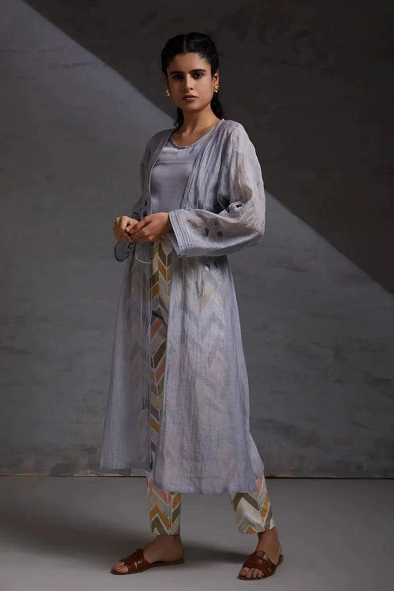 woman wearing grey handcrafted kurta co ord set silk chanderi formal wear