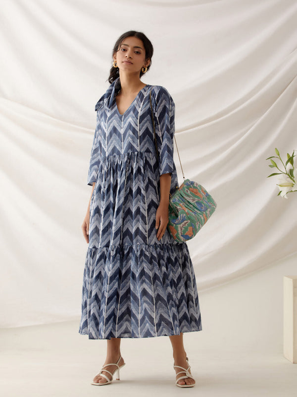 woman wearing midi flared dress 100% cotton block printed handcrafted 