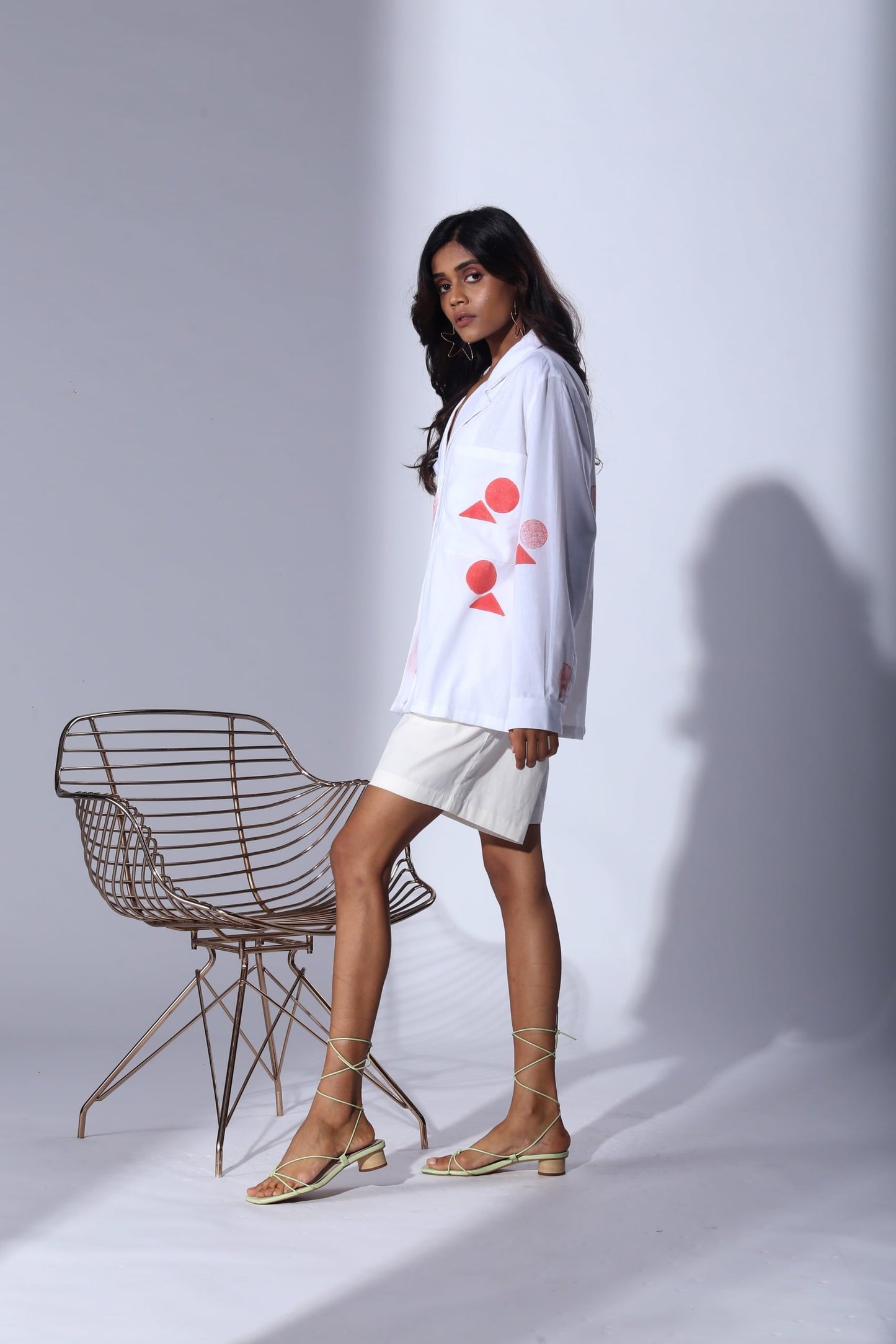 woman wearing white handcrafted block printed co ord set in 100% cotton.